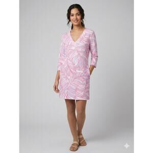 Stella Parker Collection Pink Palm Leaf V-Neck Tunic Dress Size XL 3/4 Sleeve